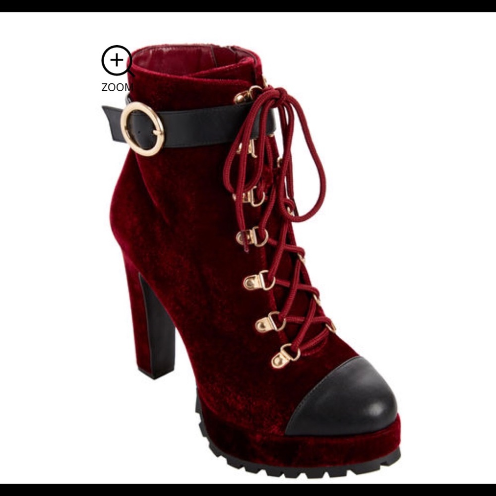 CHUNKY HEEL LACE-UP VELVET BOOTIES - WIDE WIDTH